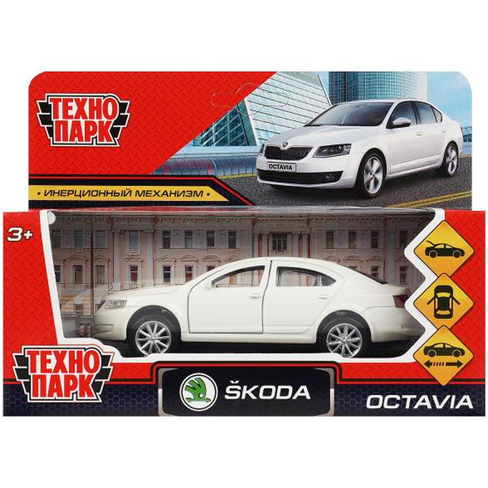 Модель OCTAVIA-12-WH SKODA OCTAVIA 12 см, двери, багаж, инерц. белый Технопарк  в коробке