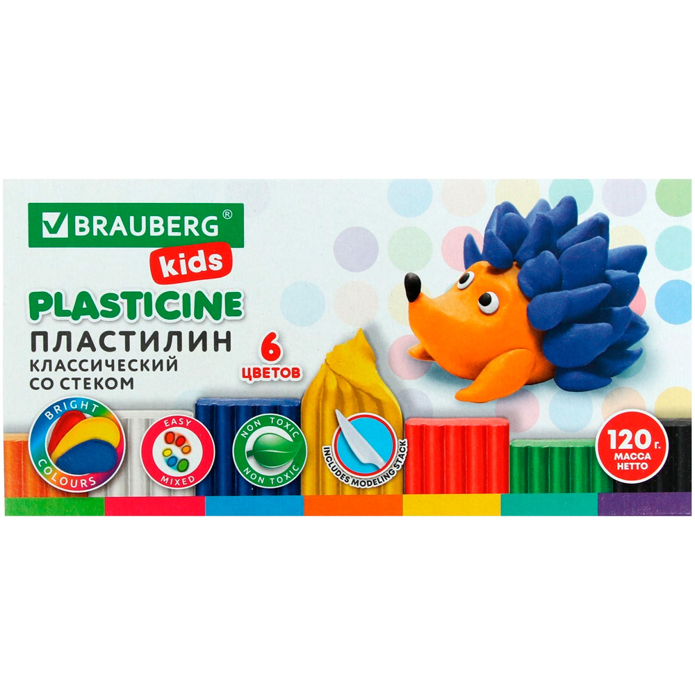 Пластилин 6 цв KIDS 120гр. со стеком 106435 BRAUBERG