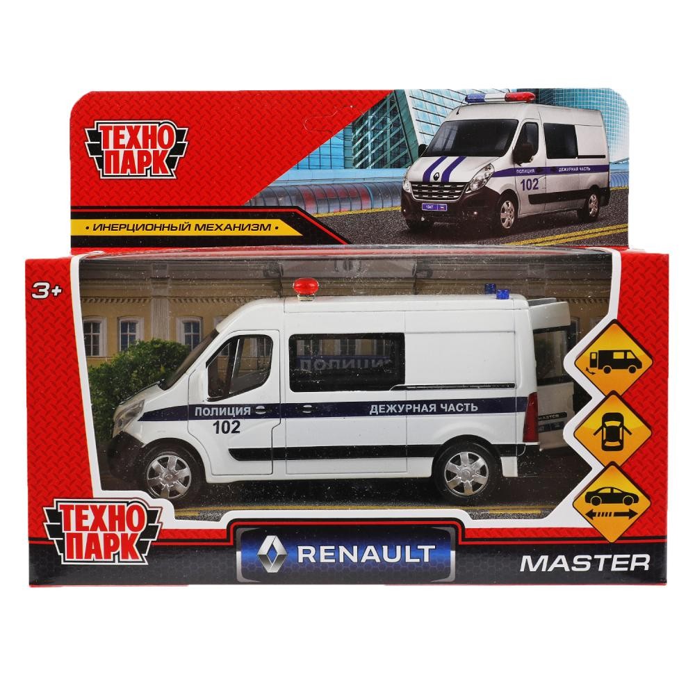 Модель MASTER-14POL-WH RENAULT MASTER ПОЛИЦИЯ длина 14 см,двери,инерц,белый Технопарк в кор.