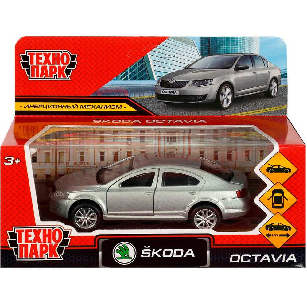 Модель OCTAVIA-12-SR SKODA OCTAVIA 12 см, двери, багаж, инерц. серебристый Технопарк  в коробке